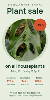 Door poster for a plant shop — plant sale, all houseplants −30 %