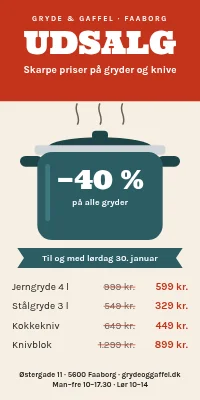 Dørplakat til køkkenbutik — udsalg på gryder og knive