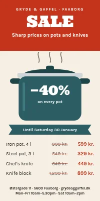 Door poster for a kitchen shop — pots and knives on sale