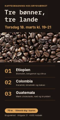 Dørplakat til kaffebar — kaffesmagning, tre bønner fra tre lande