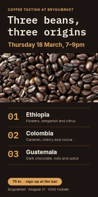 Door poster for a coffee bar — coffee tasting, three beans from three countries