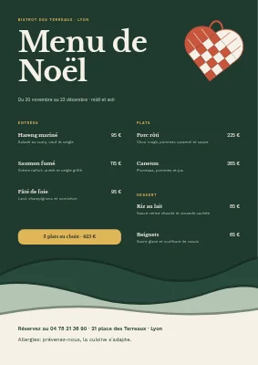 Menu de Noël — cœur tressé et neige en papier
