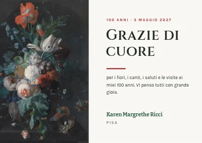100° compleanno — biglietto di ringraziamento con un mazzo di fiori