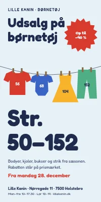 Dørplakat til børnetøjsbutik — udsalg str. 50–152