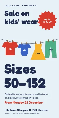 Door poster for a children’s clothes shop — sale, sizes 50–152