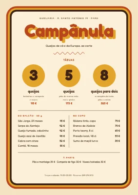 Bar de queijos — ementa com tábuas de queijos