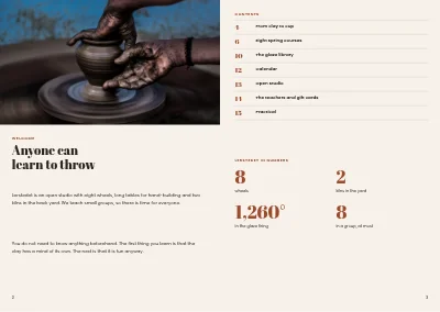 Pages 2–3 of Course catalogue for a pottery studio – 16 pages