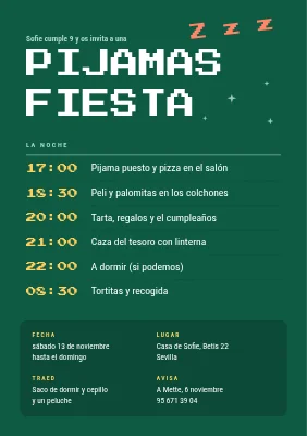 Fiesta de pijamas — invitación con programa nocturno