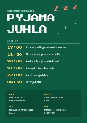 Pyjamabileet — kutsu yöohjelmalla