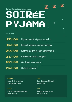 Soirée pyjama — invitation avec programme de nuit