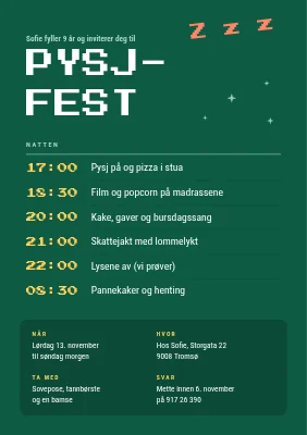 Pyjamasfest — invitasjon med nattprogram