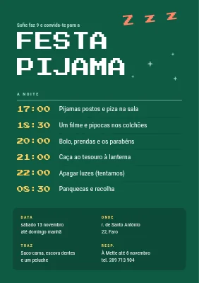 Festa do pijama — convite com programa noturno