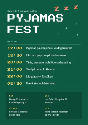 Pyjamasfest — inbjudan med nattprogram