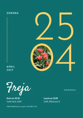 Uitnodiging vormsel — grote datum met tulpen