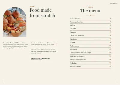 Pages 2–3 of Catering catalogue with menus and party rooms – 32 pages