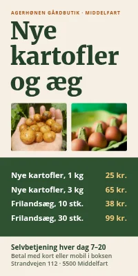 Dørplakat til gårdbutik — nye kartofler og æg