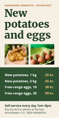 Door poster for a farm shop — new potatoes and eggs