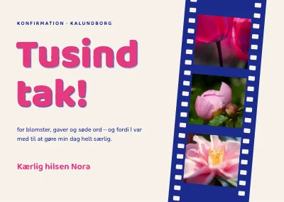 Takkekort til konfirmation — filmstrimmel med blomster