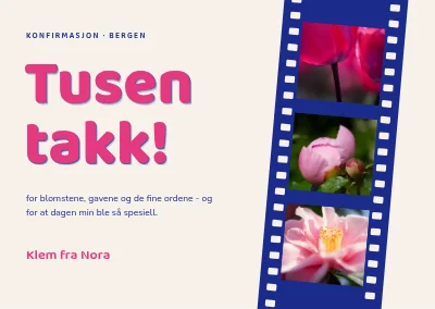 Konfirmasjonstakkekort — filmstrimmel med blomster