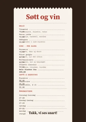 Side 2 av Trattoria — meny i kvitteringsstil