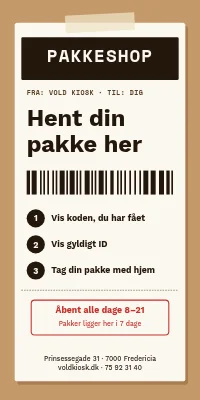 Dørplakat til pakkeshop — hent dine pakker her