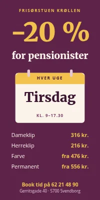 Dørplakat til frisør — pensionistrabat om tirsdagen