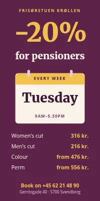 Door poster for a hairdresser — pensioner discount on Tuesdays