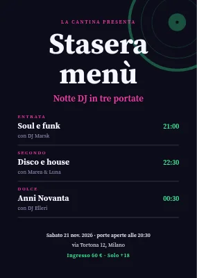 Serata DJ — il menu di stasera in tre portate