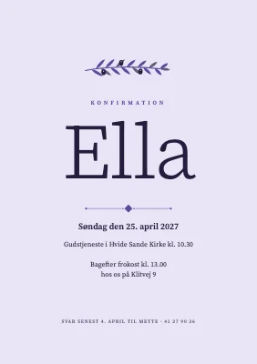 Konfirmationsinvitation — letterpress med olivenkvist