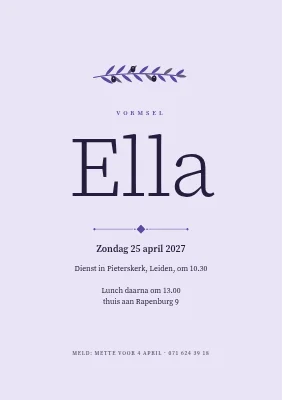 Uitnodiging vormsel — letterpress met olijftakje