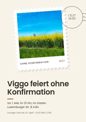 Alternative zur Konfirmation — Retro-Briefmarke mit Rapsfeld