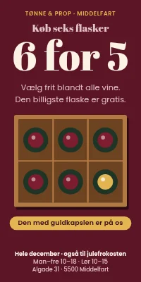 Dørplakat til vinhandel — køb 6 flasker, betal for 5