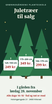 Dørplakat til havecenter — juletræer til salg i gården