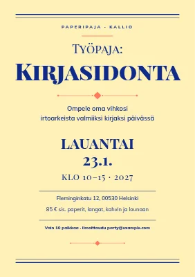 Kirjansidontatyöpaja — kohopainettu julistelehtinen