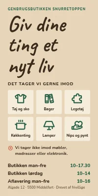 Dørplakat til genbrugsbutik — åbningstider og hvad vi modtager