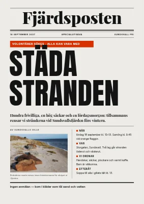 Strandstädning — tidningens förstasida för en skräpplockardag