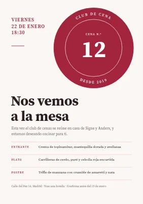 Cena club — sello y menú de invierno