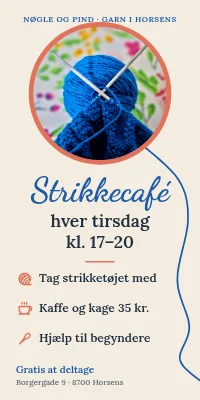 Dørplakat til garnbutik — strikkecafé hver tirsdag