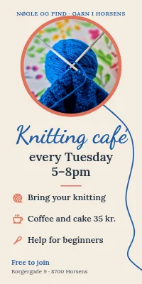 Door poster for a yarn shop — knitting café on Tuesdays