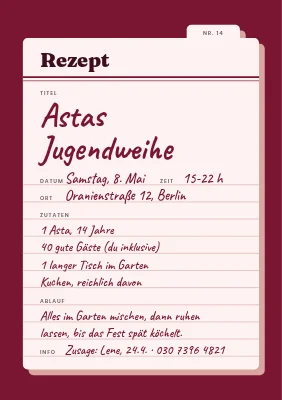 Nicht-Konfirmationsfeier — Retro-Rezeptkarte