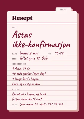 Ikke-konfirmasjonsfest — retro oppskriftskort