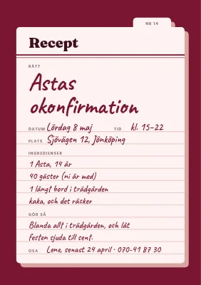 Okonfirmationsfest — retro receptkort
