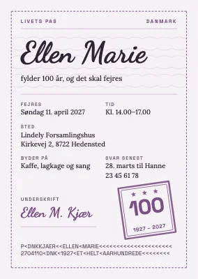 100-års fødselsdag — invitation som livets pas