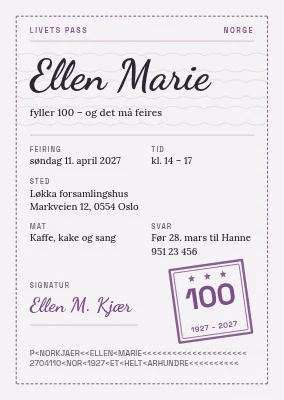 100-årsdag – invitasjon i passstil