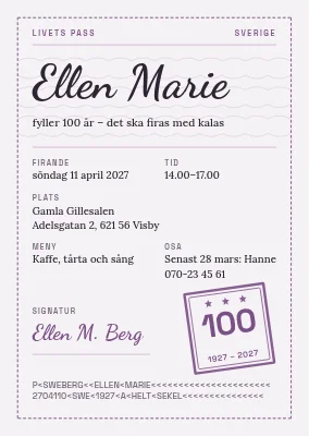 100-årsdag — inbjudan i passstil