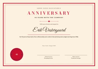 Anniversary certificate — 40 years