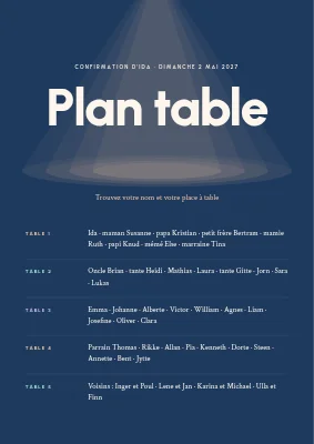 Confirmation — plan de table sous les projecteurs en pastel