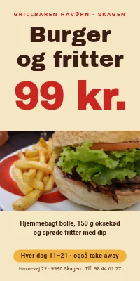 Dørplakat til grillbar — burger og fritter 99 kr.