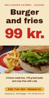 Door poster for a burger bar — burger and fries 99 kr.