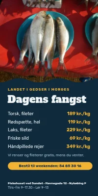 Dørplakat til fiskehandler — dagens fangst med priser